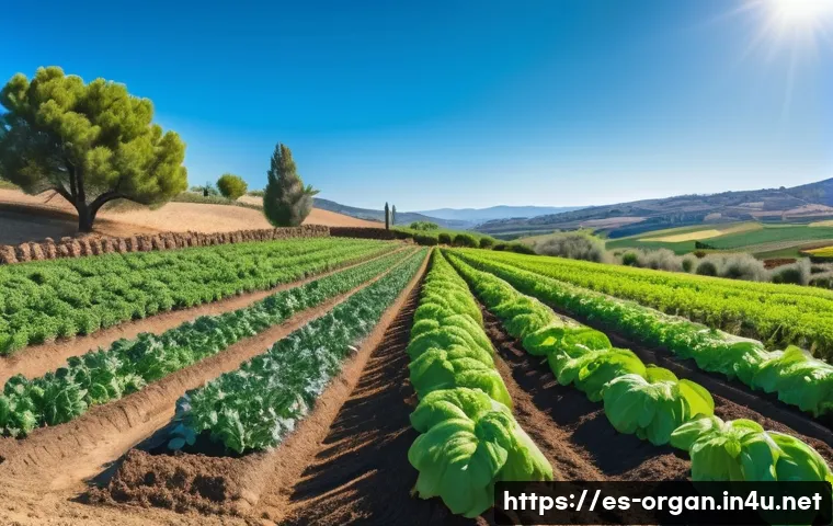 유기농업 이론 강의 추천 - A vibrant organic farm landscape in rural Spain during springtime, showcasing diverse crops in rotat...