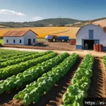 유기농업 자격증 시험 준비 꿀팁 - A detailed illustration of an organic farm visit in a sunny rural landscape typical of Spain, showin...