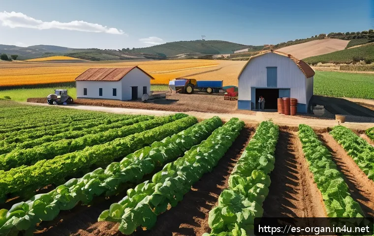 유기농업 자격증 시험 준비 꿀팁 - A detailed illustration of an organic farm visit in a sunny rural landscape typical of Spain, showin...