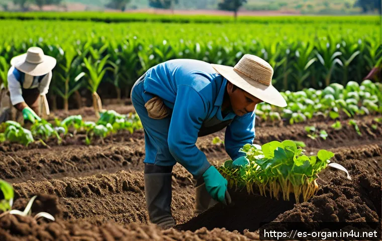 유기농업 자격증 취득 후 업무 변화 - A vibrant organic farm scene in a rural Latin American setting, showcasing diverse crops grown with ...