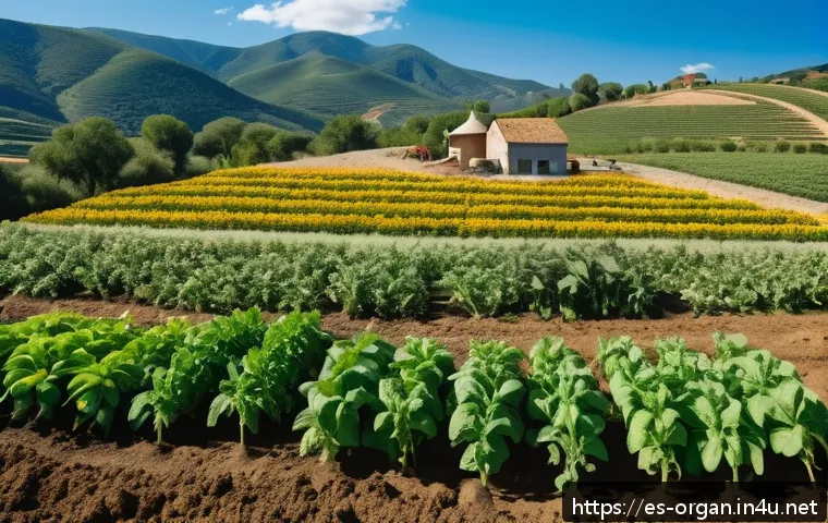 유기농업 실무 경험이 중요한 이유 - A vibrant organic farm scene in a sunny rural Spanish countryside, showcasing diverse crops such as ...