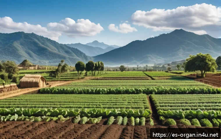 유기농업 자격증 취득 준비 과정 - A vibrant organic farm scene in a Latin American rural setting during daytime, showcasing diverse cr...